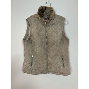 Calvin Klein Quilted Puffer Vest Faux Fur Collar Beige Women’s XL